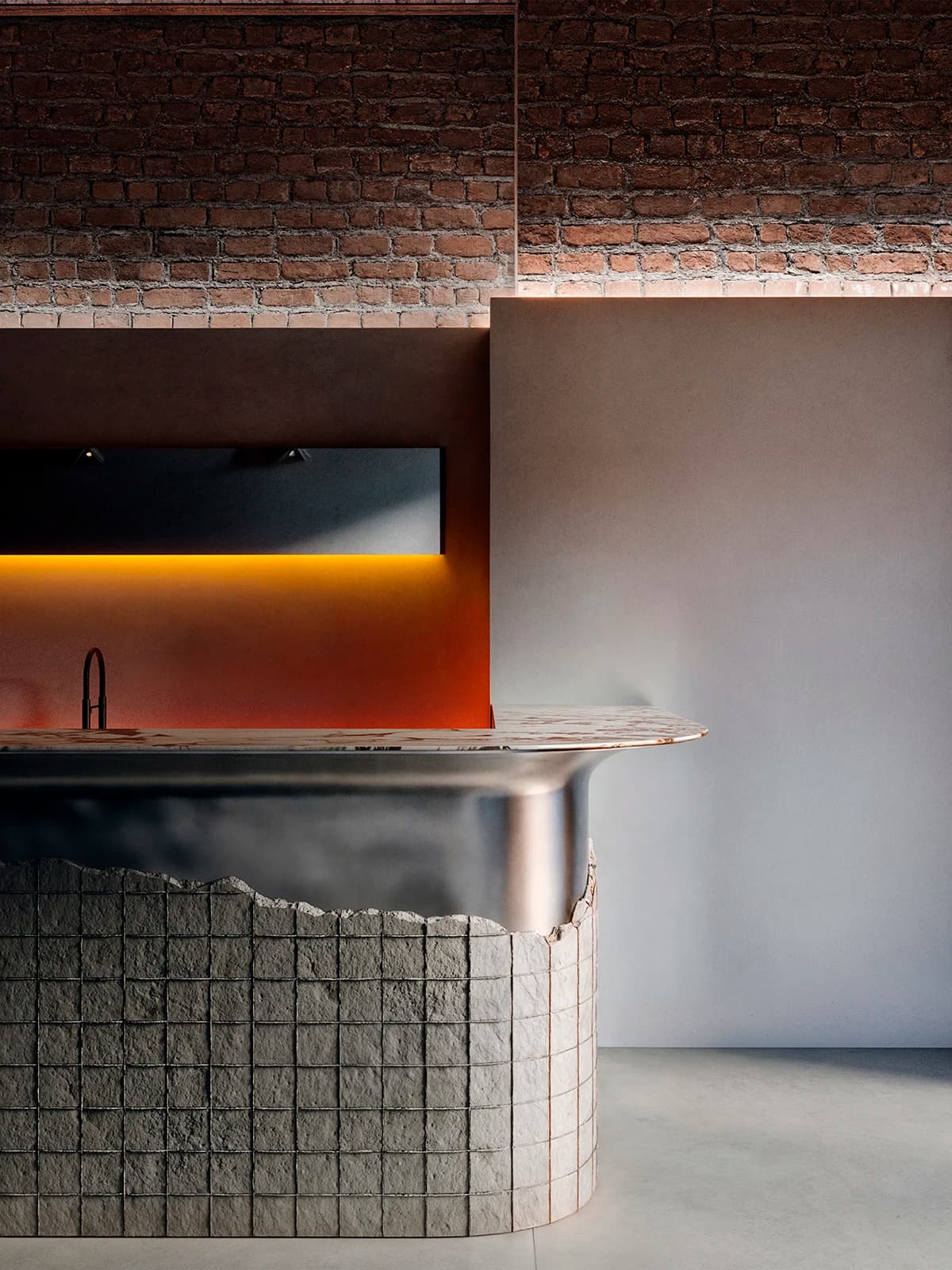 Rendering einer modernen Café-Theke mit stilvoller Beleuchtung und hochwertigen Materialien.
