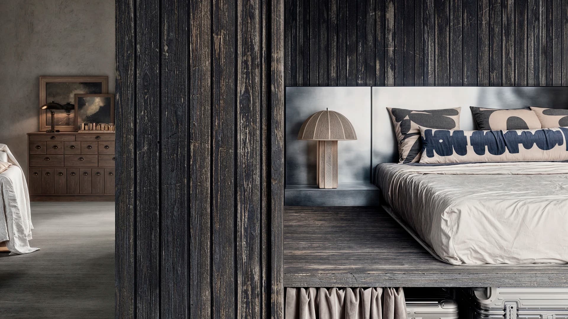 Rendering eines stilvollen Schlafzimmers in einem Tiny House mit moderner Inneneinrichtung.